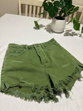 We The Free Olive Green Distressed Frayed Hem Jean Shorts